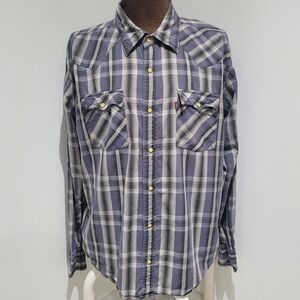 Levi Strauss Men's Vintage Plaid Snap Closure Western Shirt XL Blue Gray Cowboy